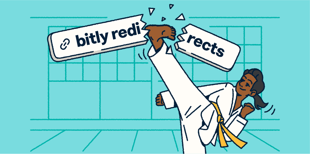 Illustration of a person using karate to kick a sign that says Bitly Redirects