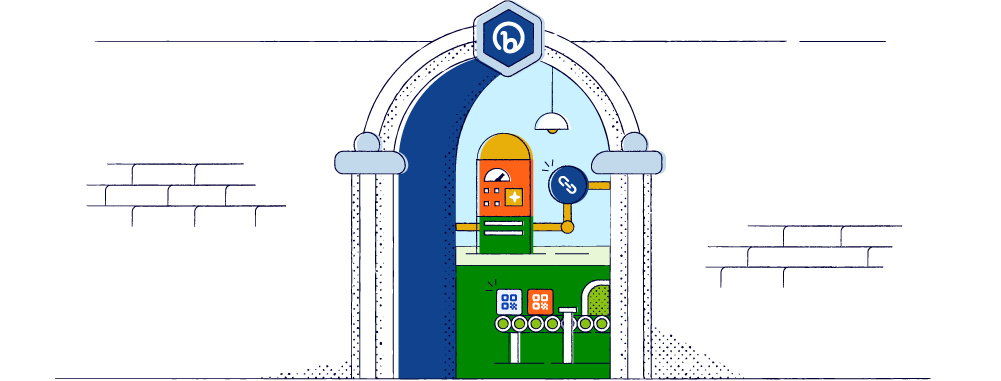 An illustration of a doorway bearing the bitly logo, leading to wondrous machines.